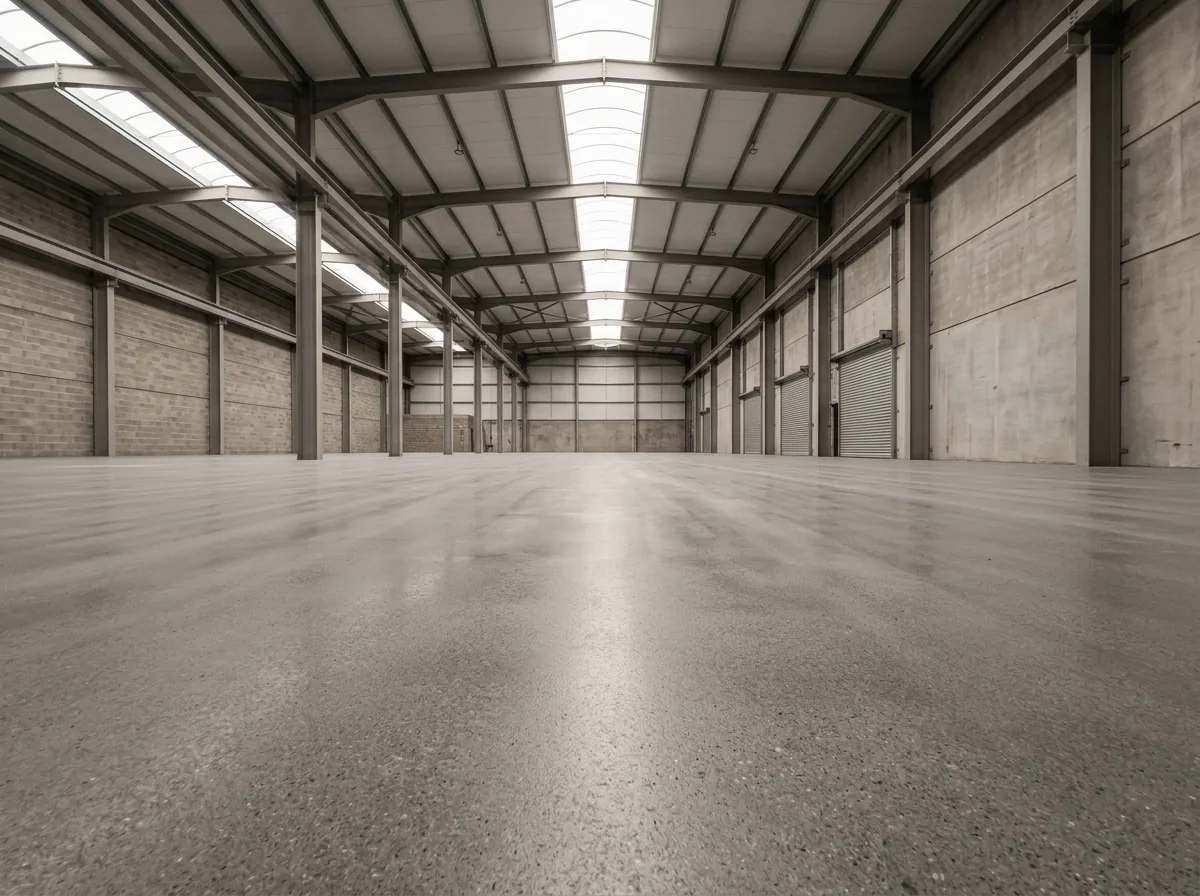 Belastbarer Industrieestrich in einer großen Werkstatthalle